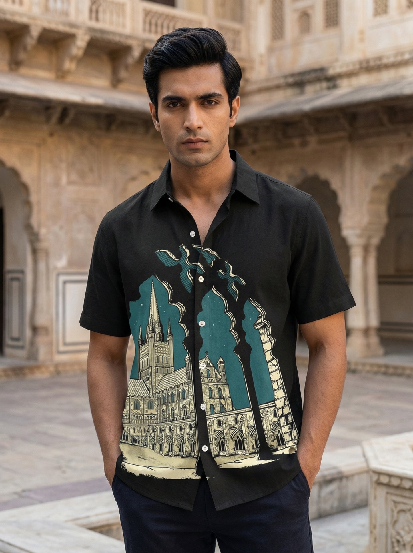 Black Printed Half Sleeve Shirt
