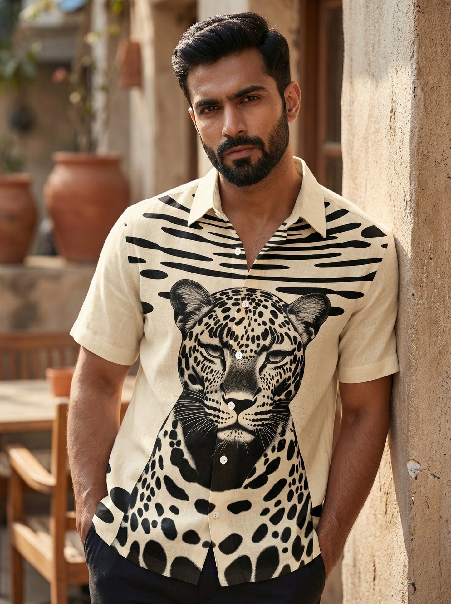 Beige Printed Half Sleeve Shirt