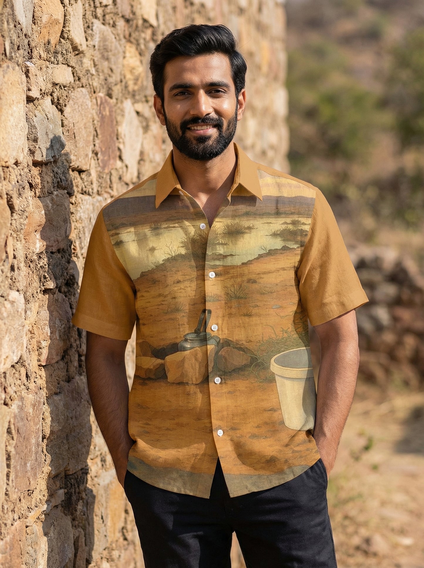 Mustard Printed Half Sleeve Shirt