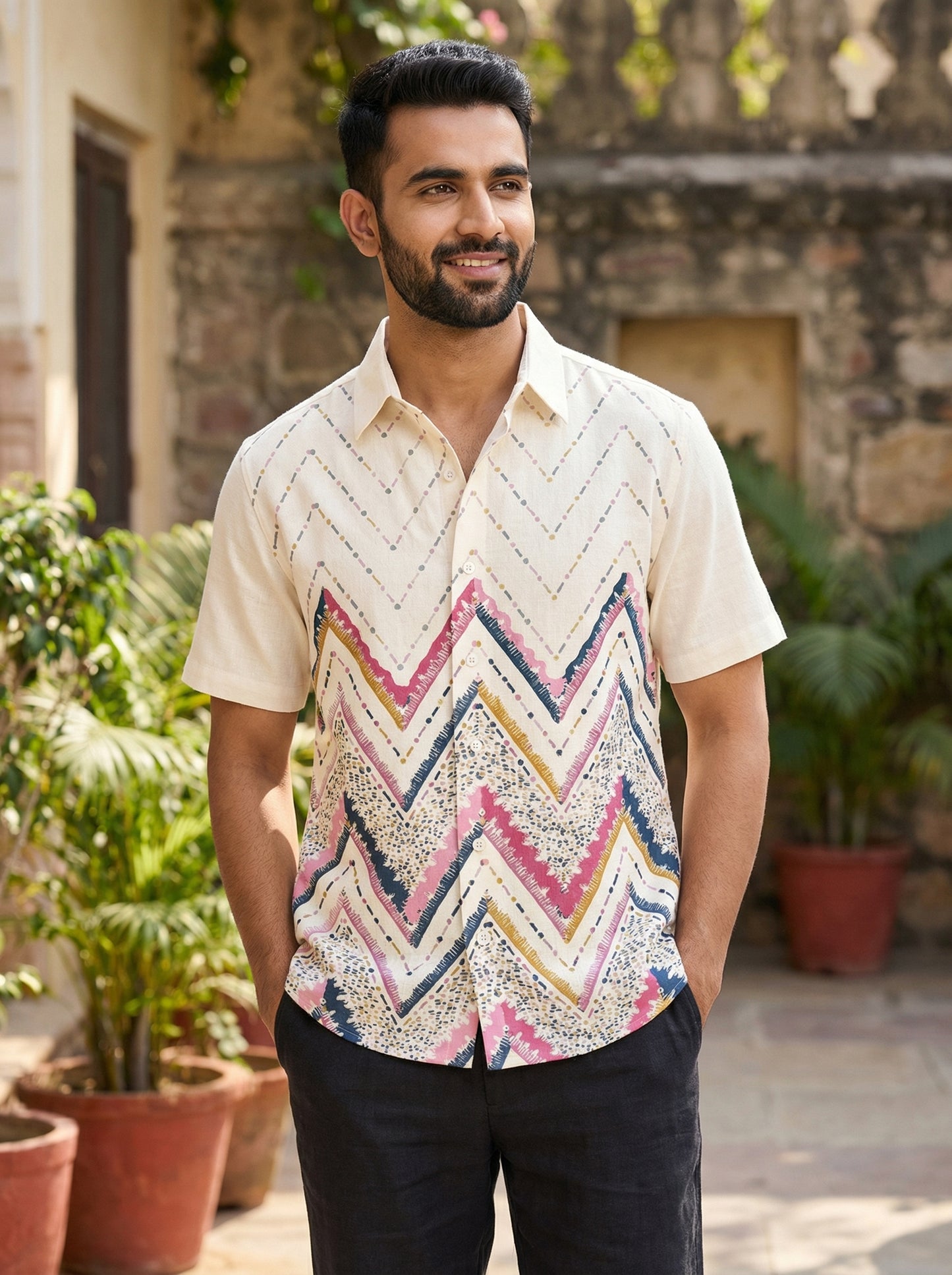 White Wave Printed Half Sleeve Shirt