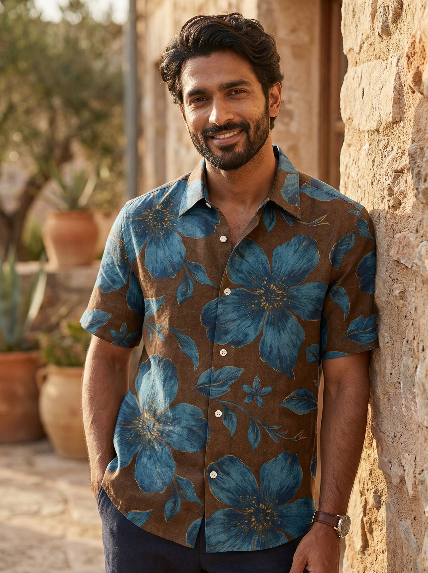 Brown Flower Printed Half Sleeve Shirt