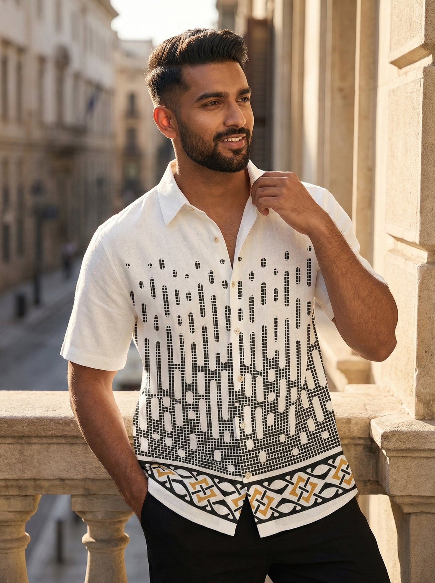 White Ethnic Printed Half Sleeve Shirt
