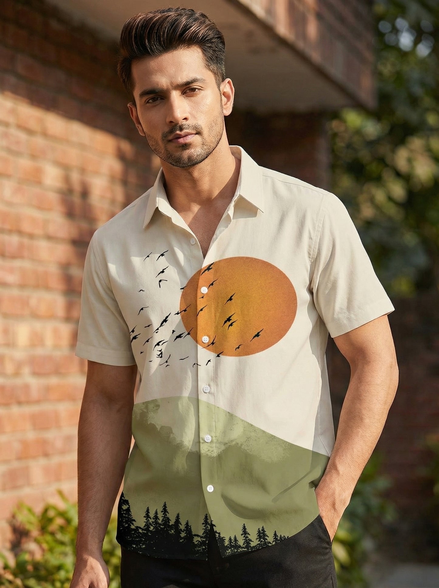 Cream Printed Half Sleeve Shirt