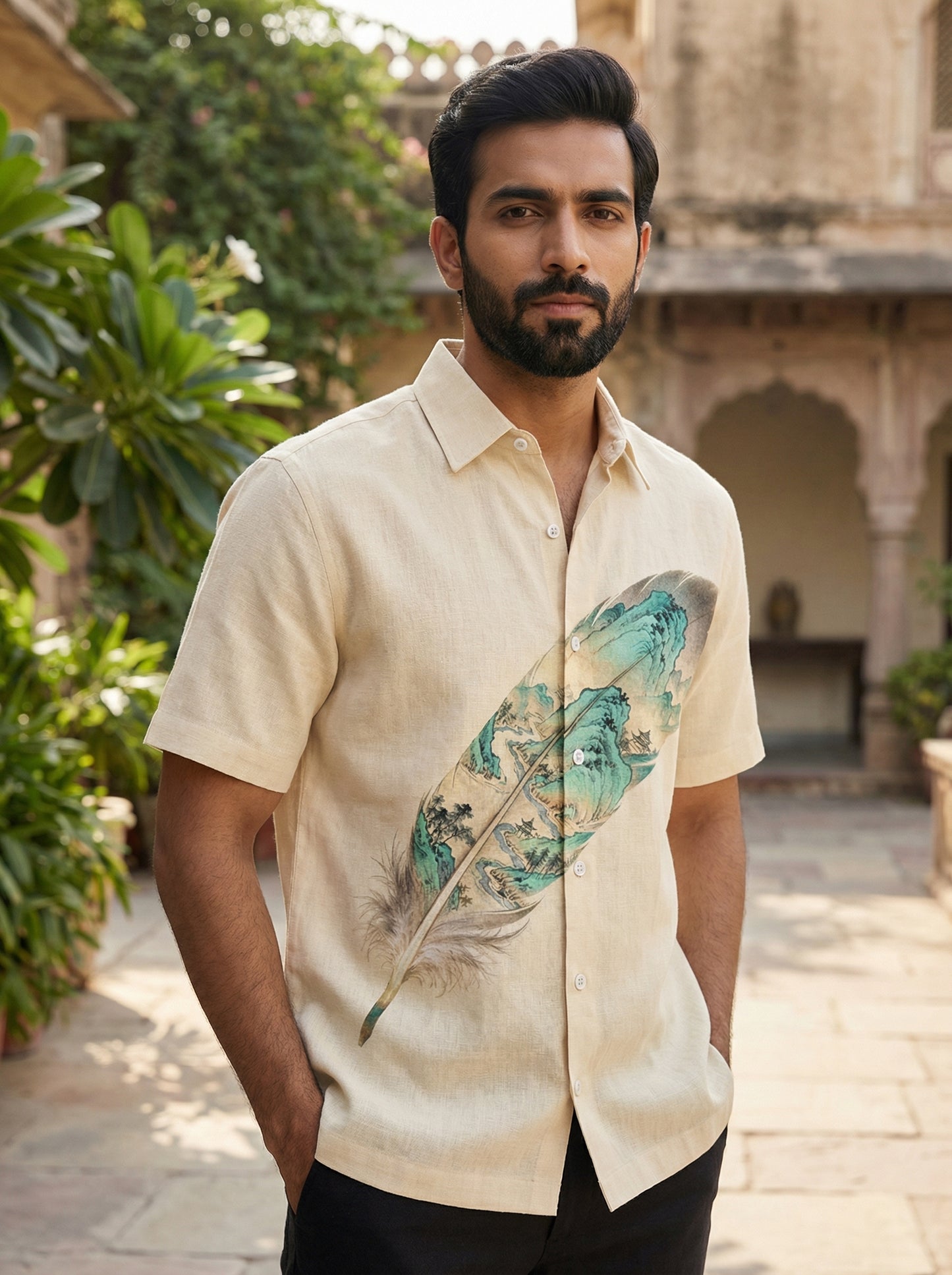 Cream Printed Half Sleeve Shirt