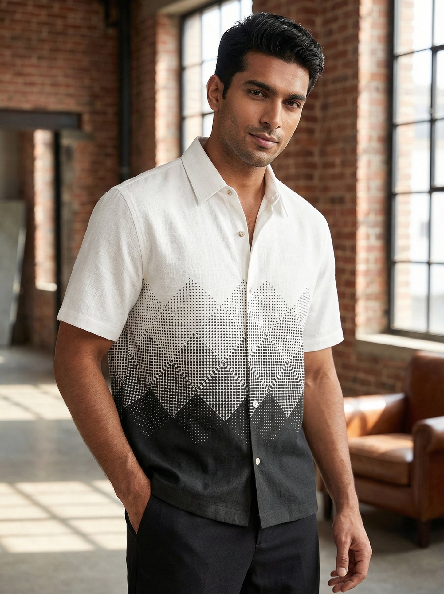 White And Black Printed Half Sleeve Shirt