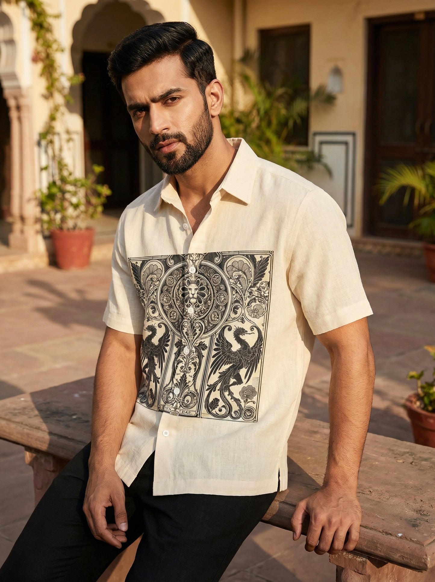 Cream And Black Printed Half Sleeve Shirt