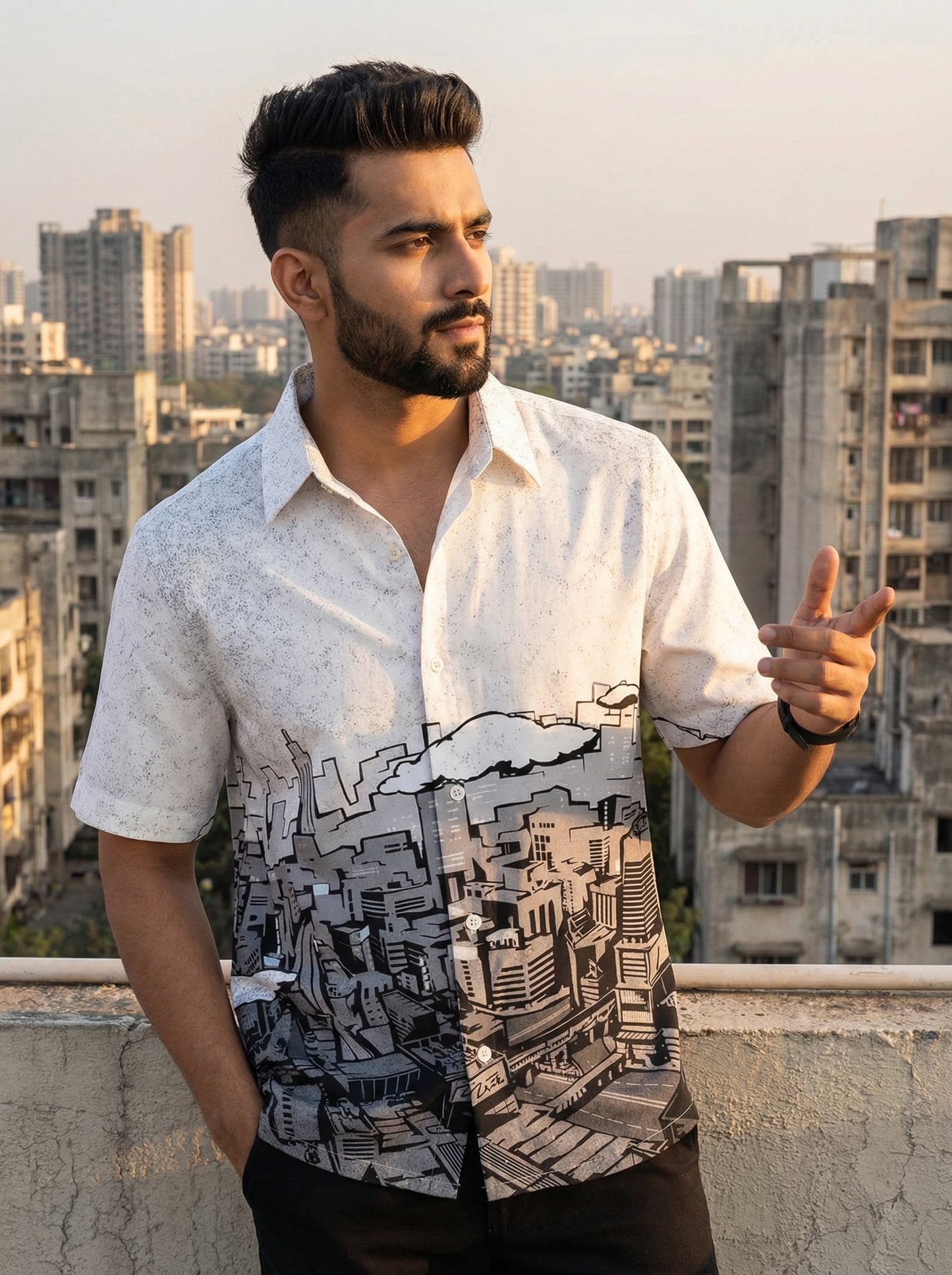 White And Black Printed Half Sleeve Shirt