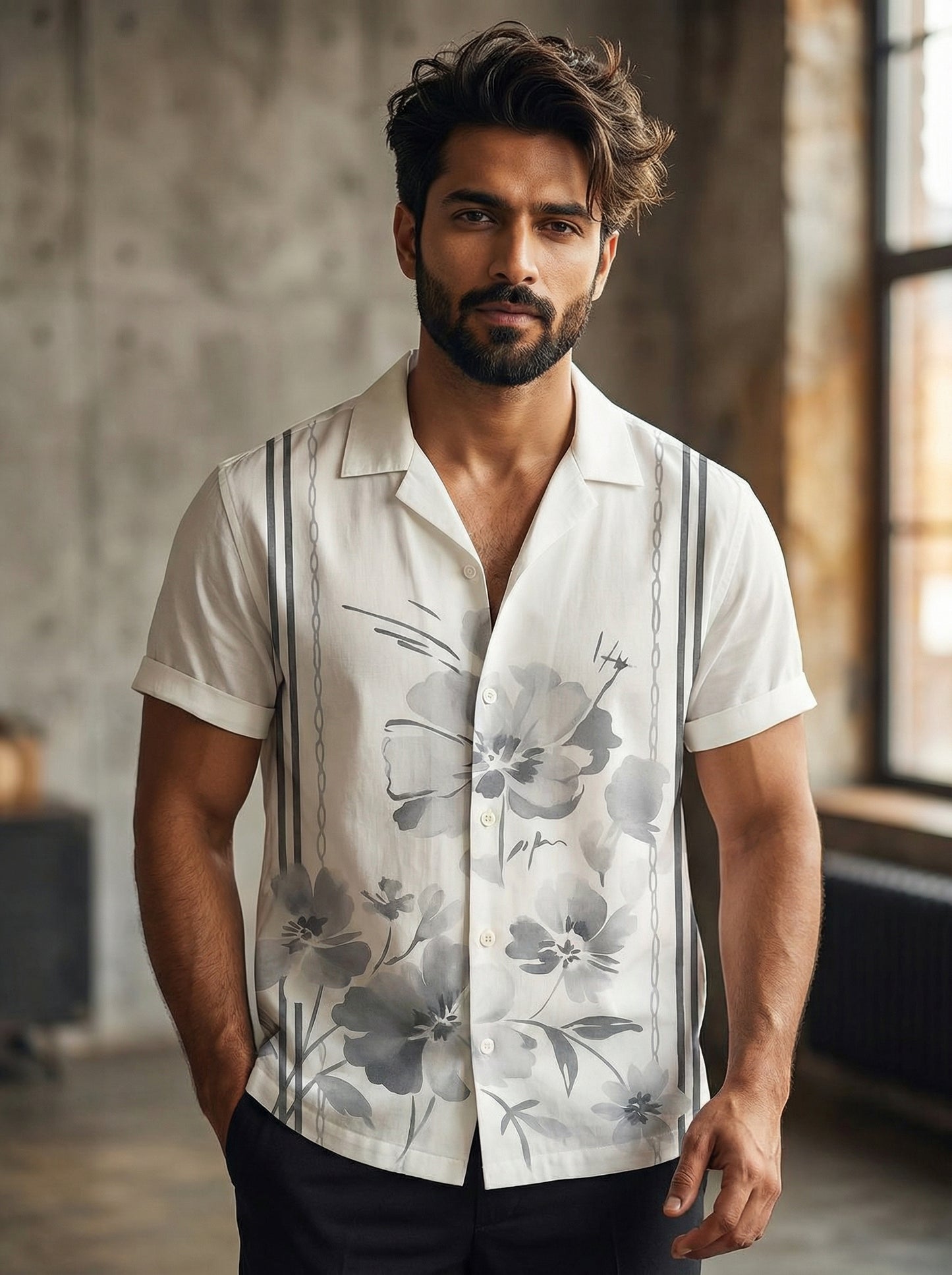 Grey Floral printed half shirt