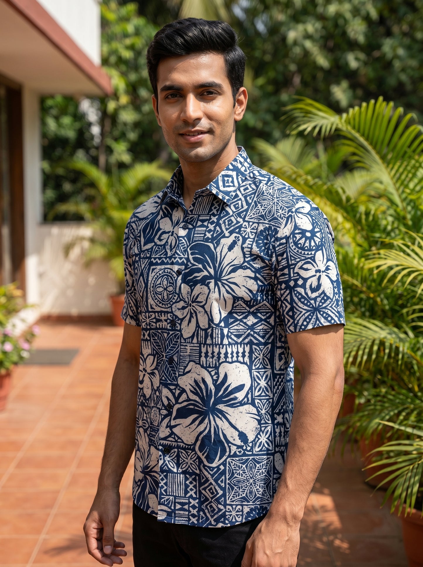 White Blue printed half shirt