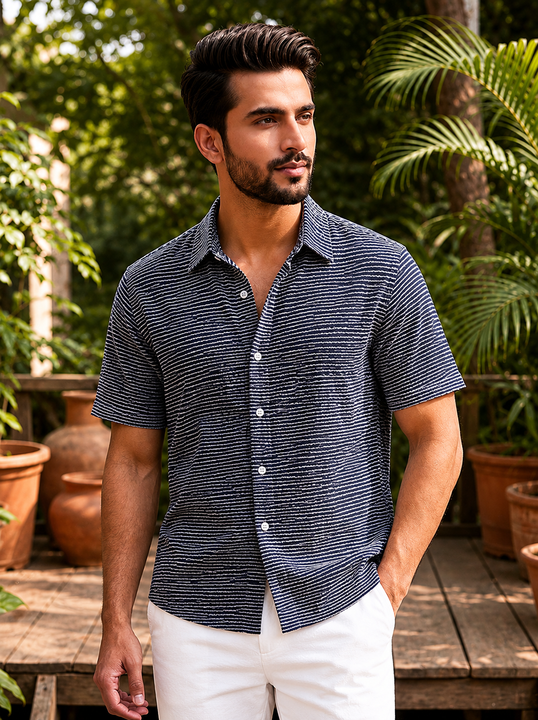 Navy white Fine line printed half shirt