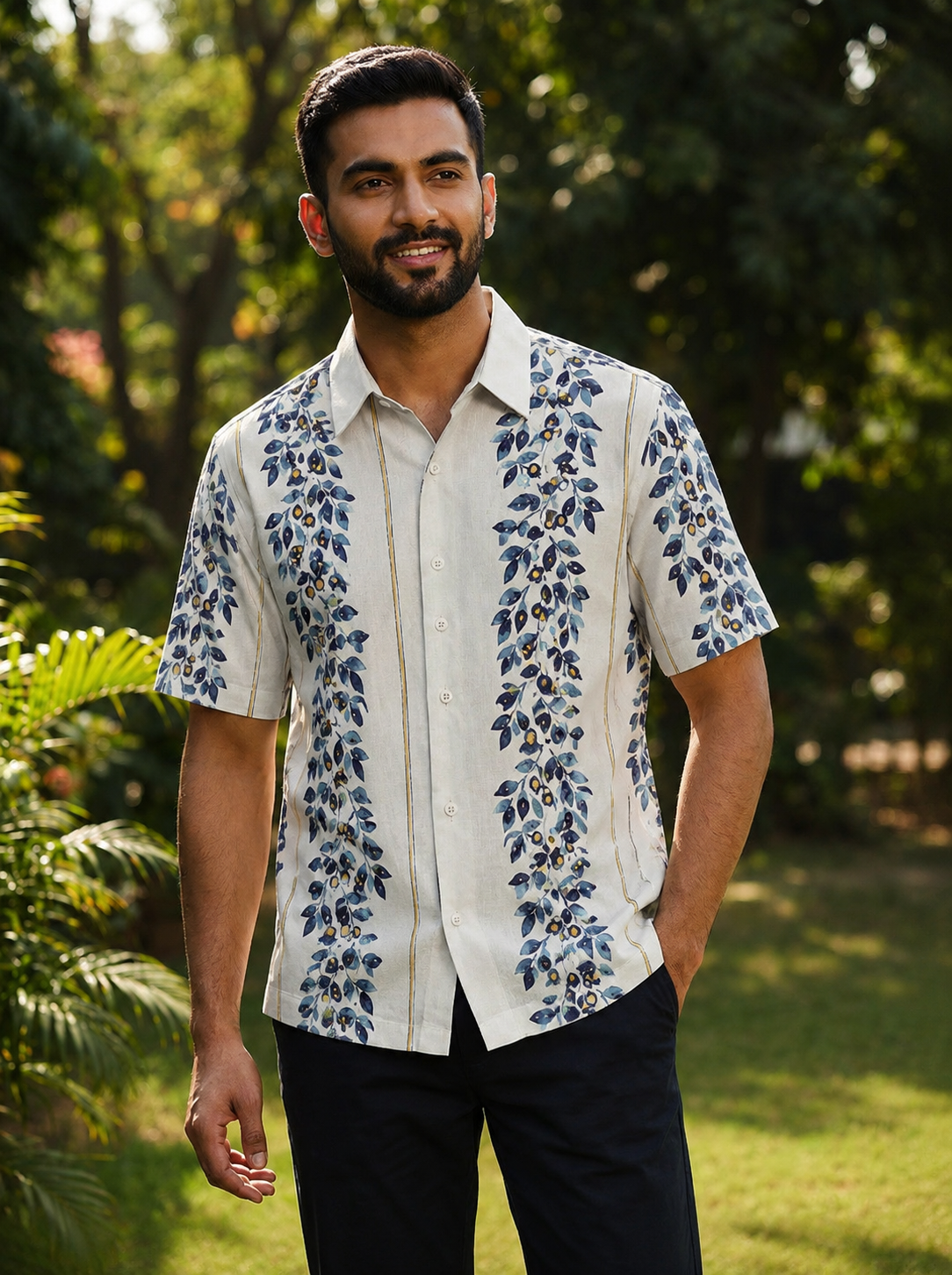 White Blue floral printed half shirt