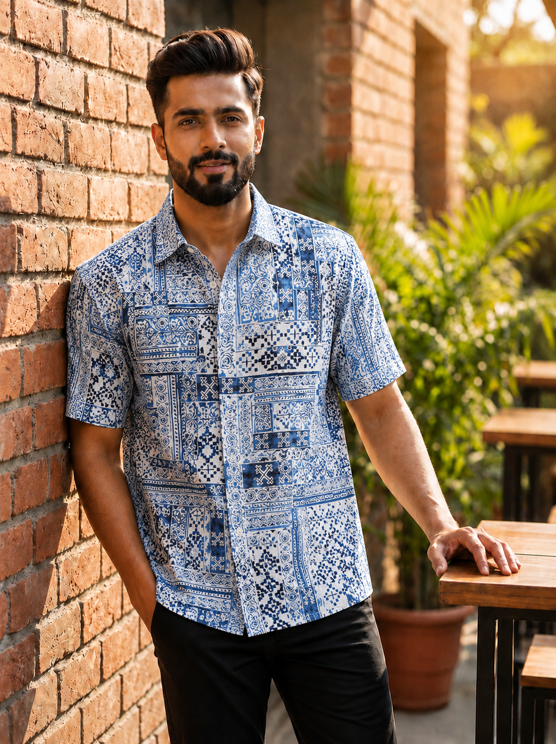 Blue heritage printed half shirt
