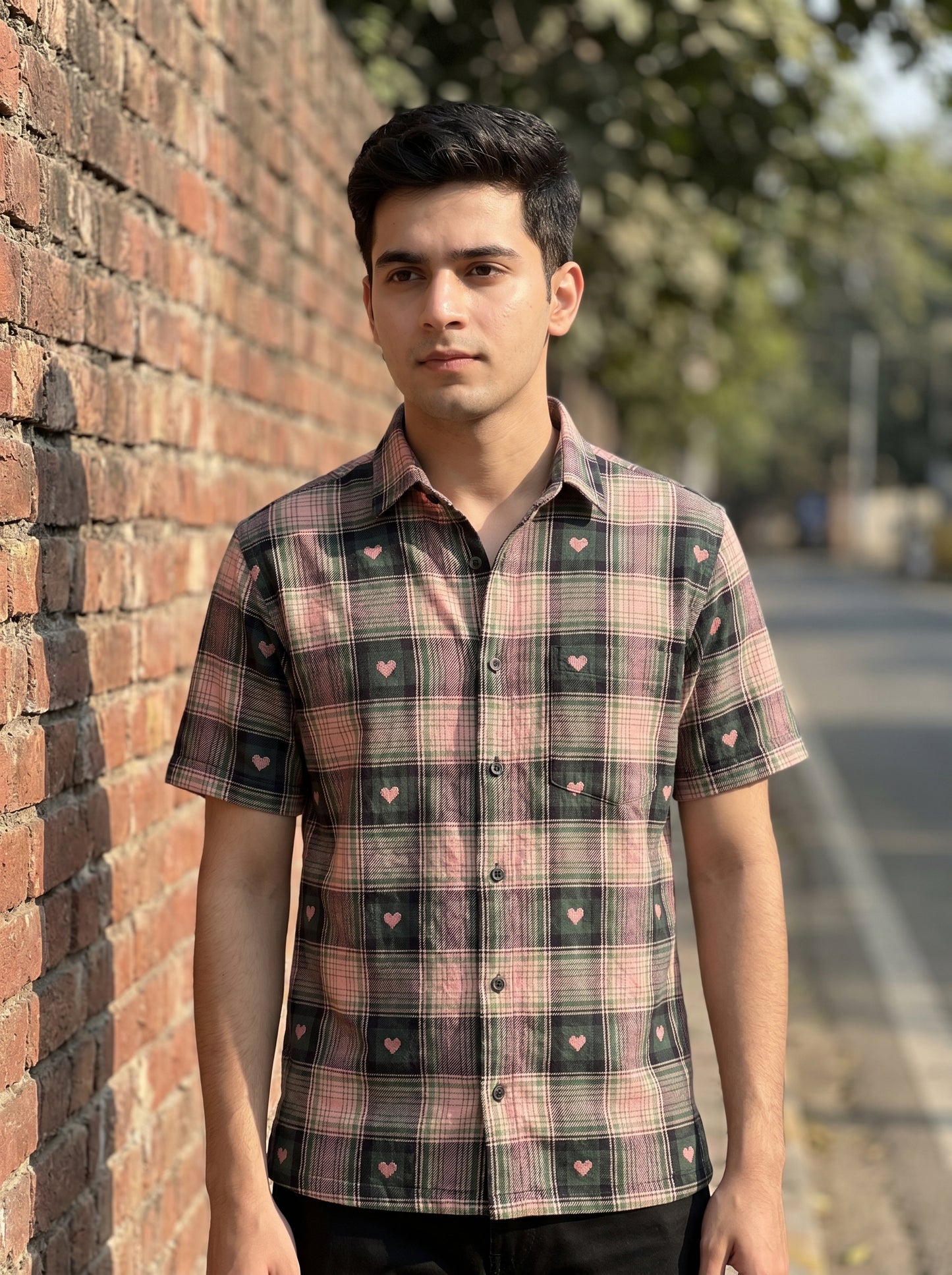 Love check printed half shirt