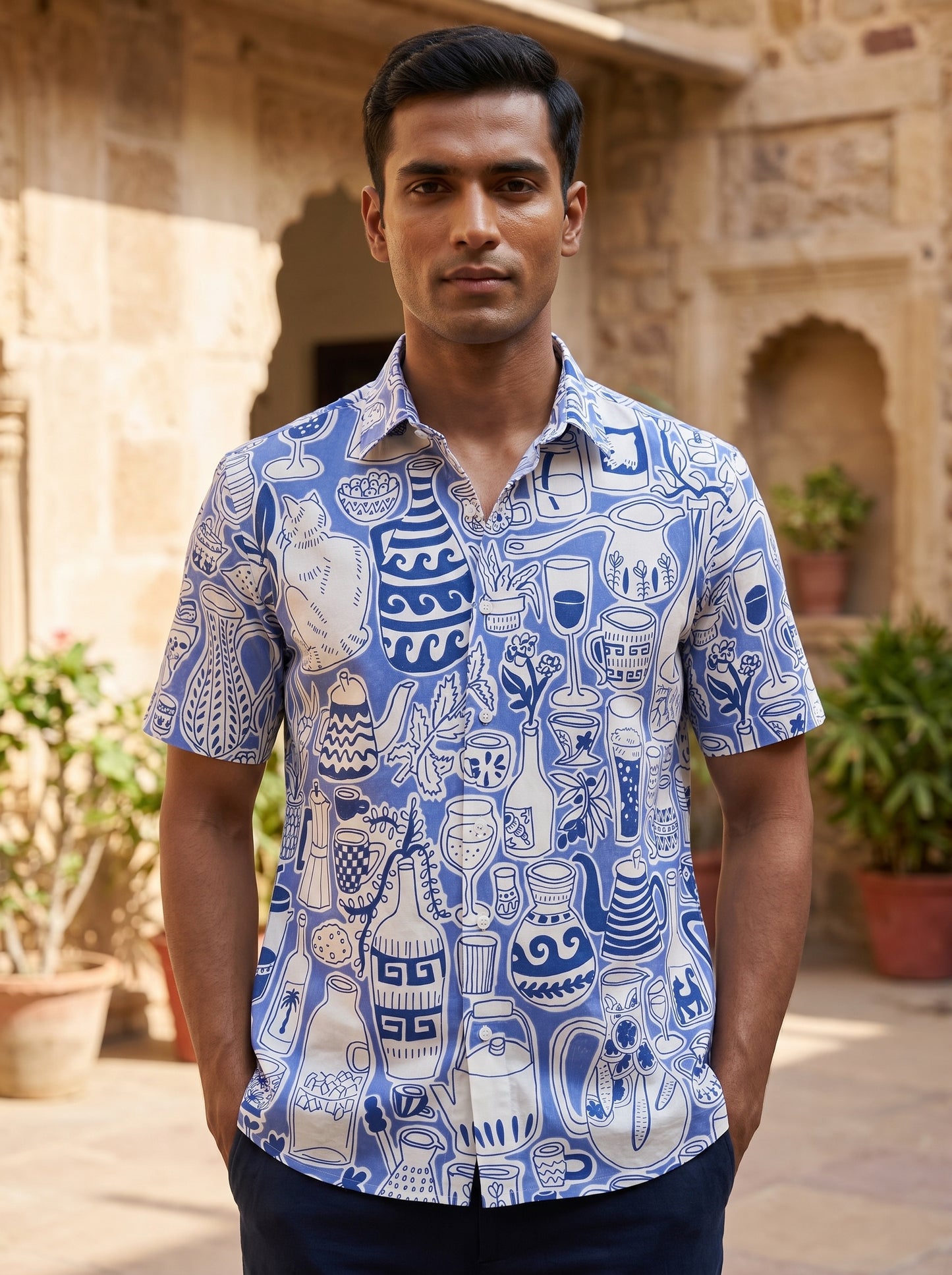 Blue&white artisan printed half shirt