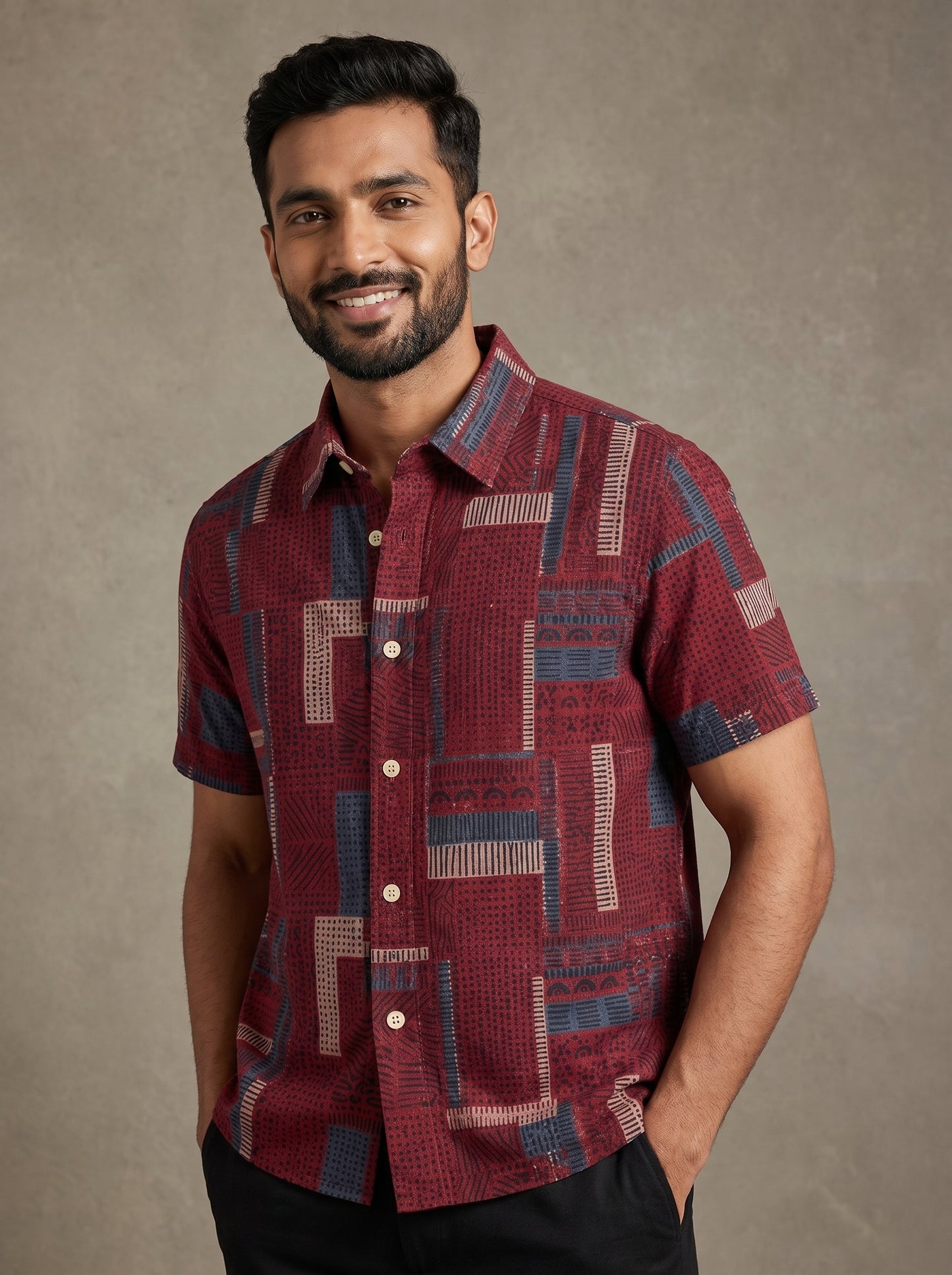 Red crafted printed half shirt