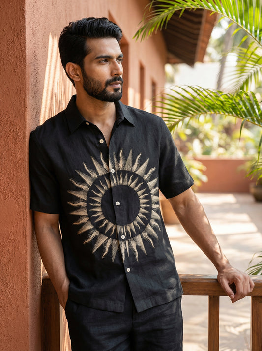 Black Round Printed Half Sleeve Shirt