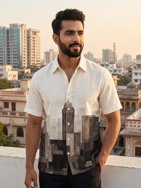 Beige Printed Half Sleeve Shirt