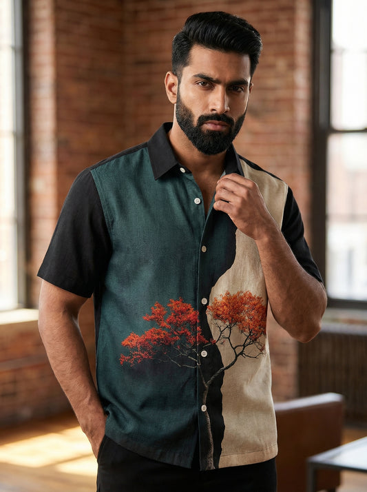 Black And Green Printed Half Sleeve Shirt