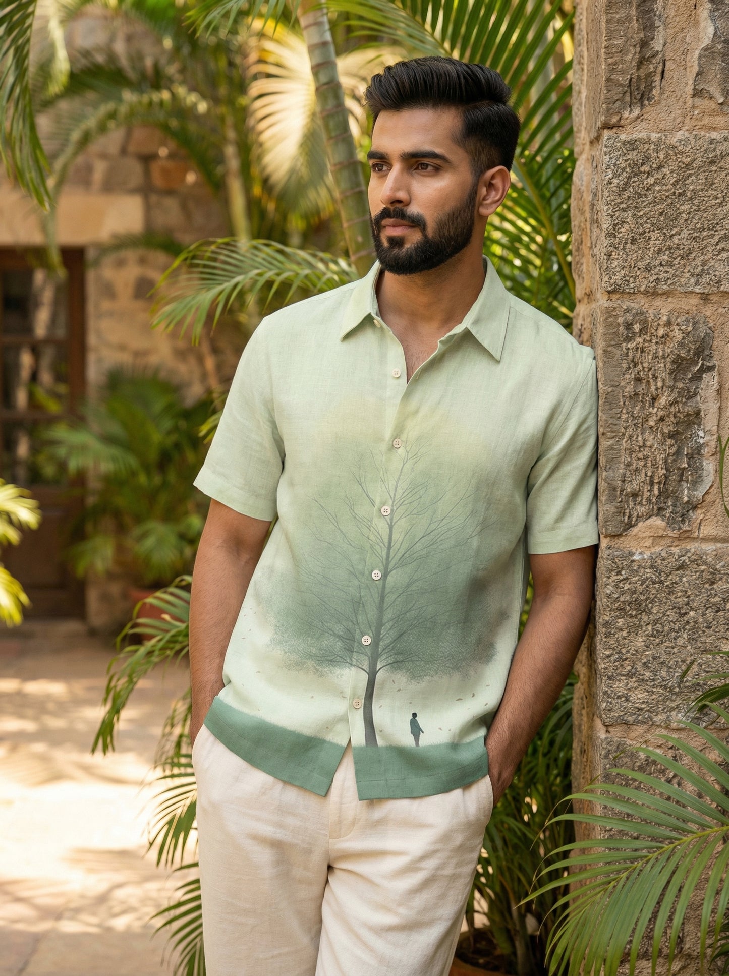 Pista Green Printed Half Sleeve Shirt