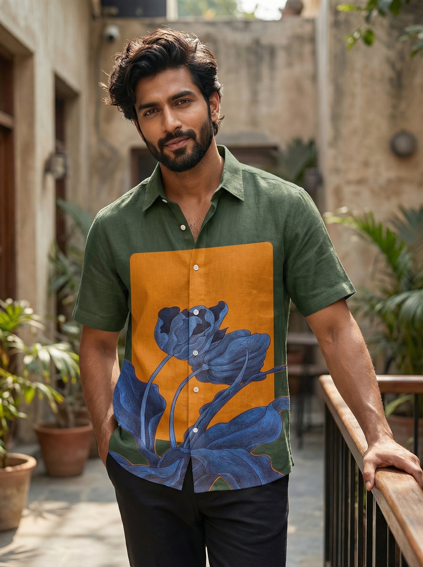 Dark Green Printed Half Sleeve Shirt