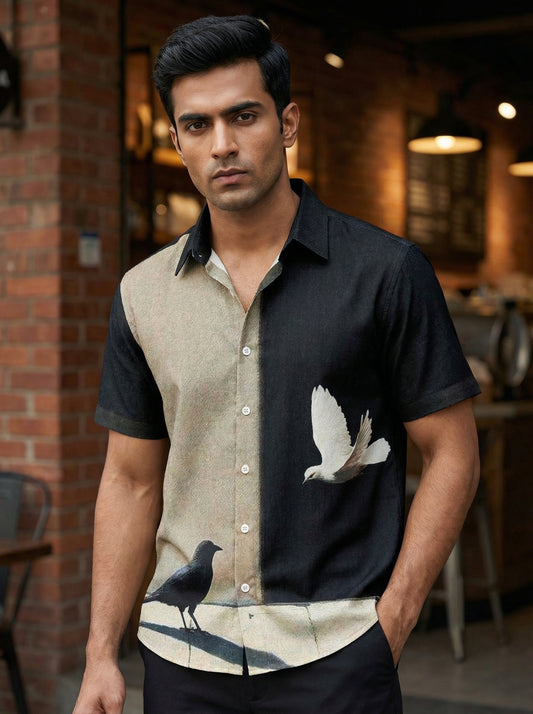 Black And Grey Printed Half Sleeve Shirt