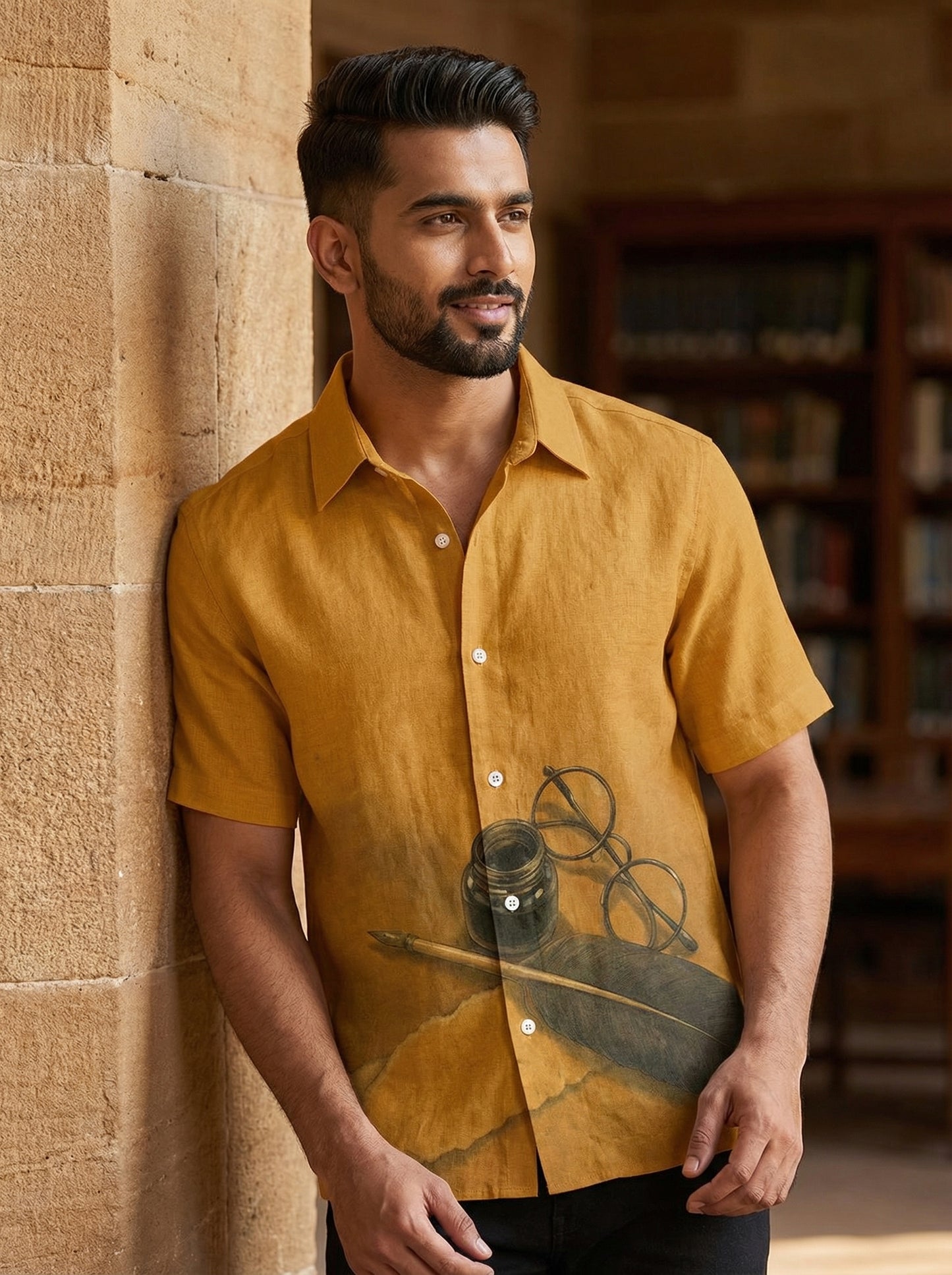 Mustard Printed Half Sleeve Shirt