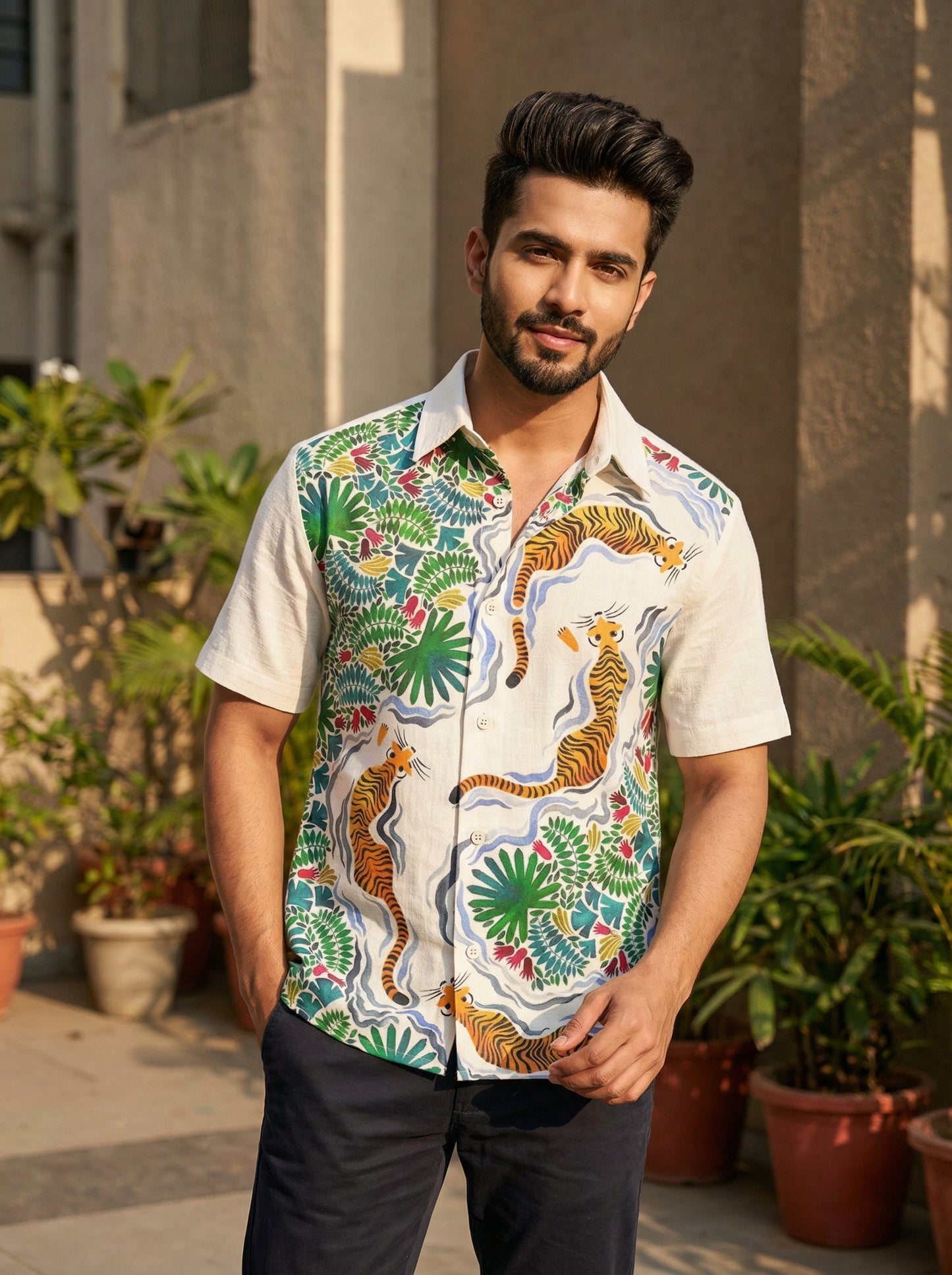 White Printed Half Sleeve Shirt