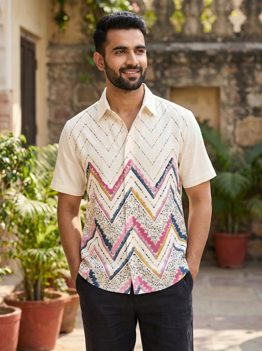 White Wave  Printed Half Sleeve Shirt