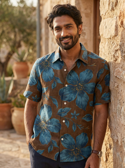 Brown Flower  Printed Half Sleeve Shirt