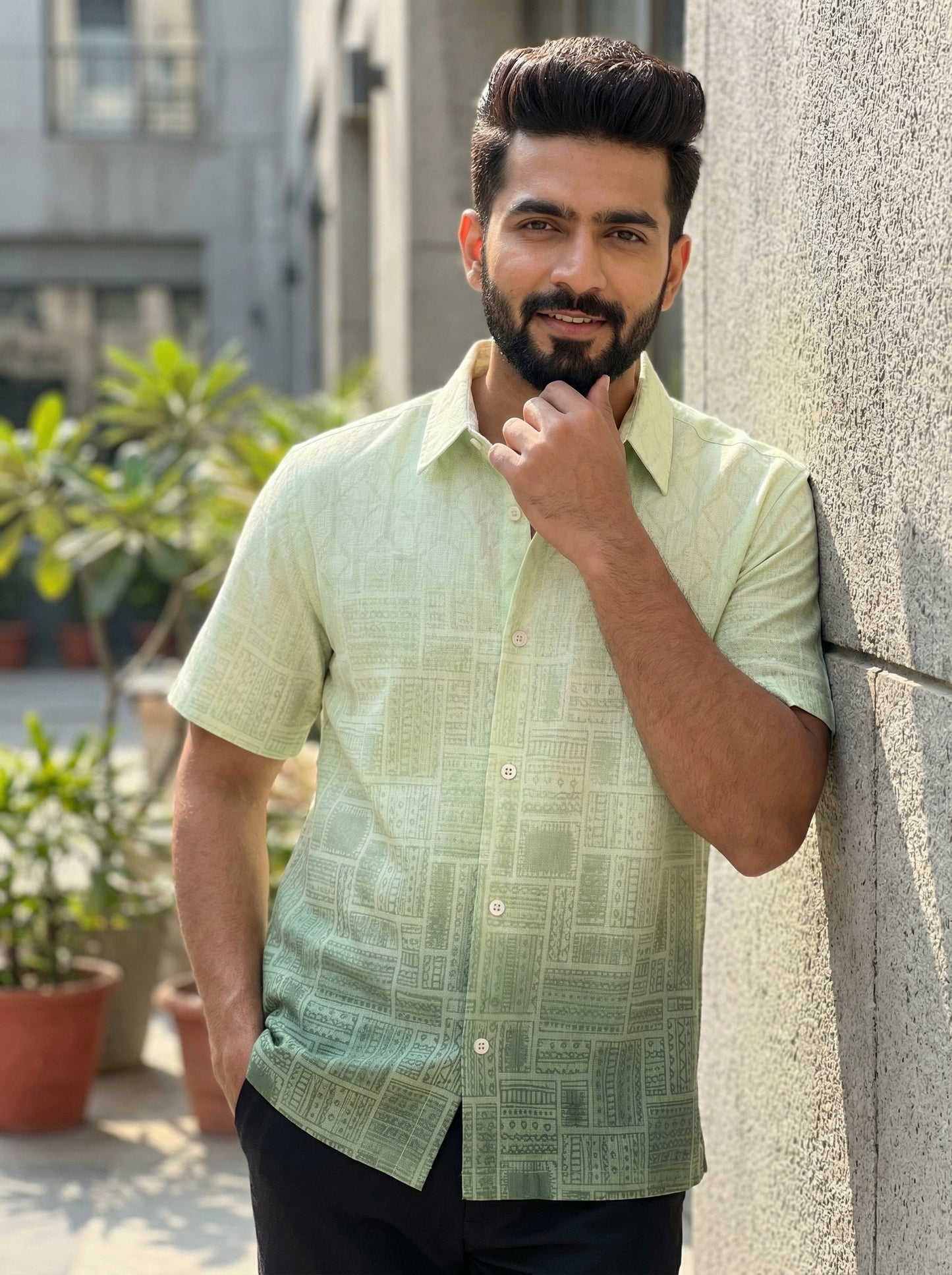 Green Block  Printed Half Sleeve Shirt