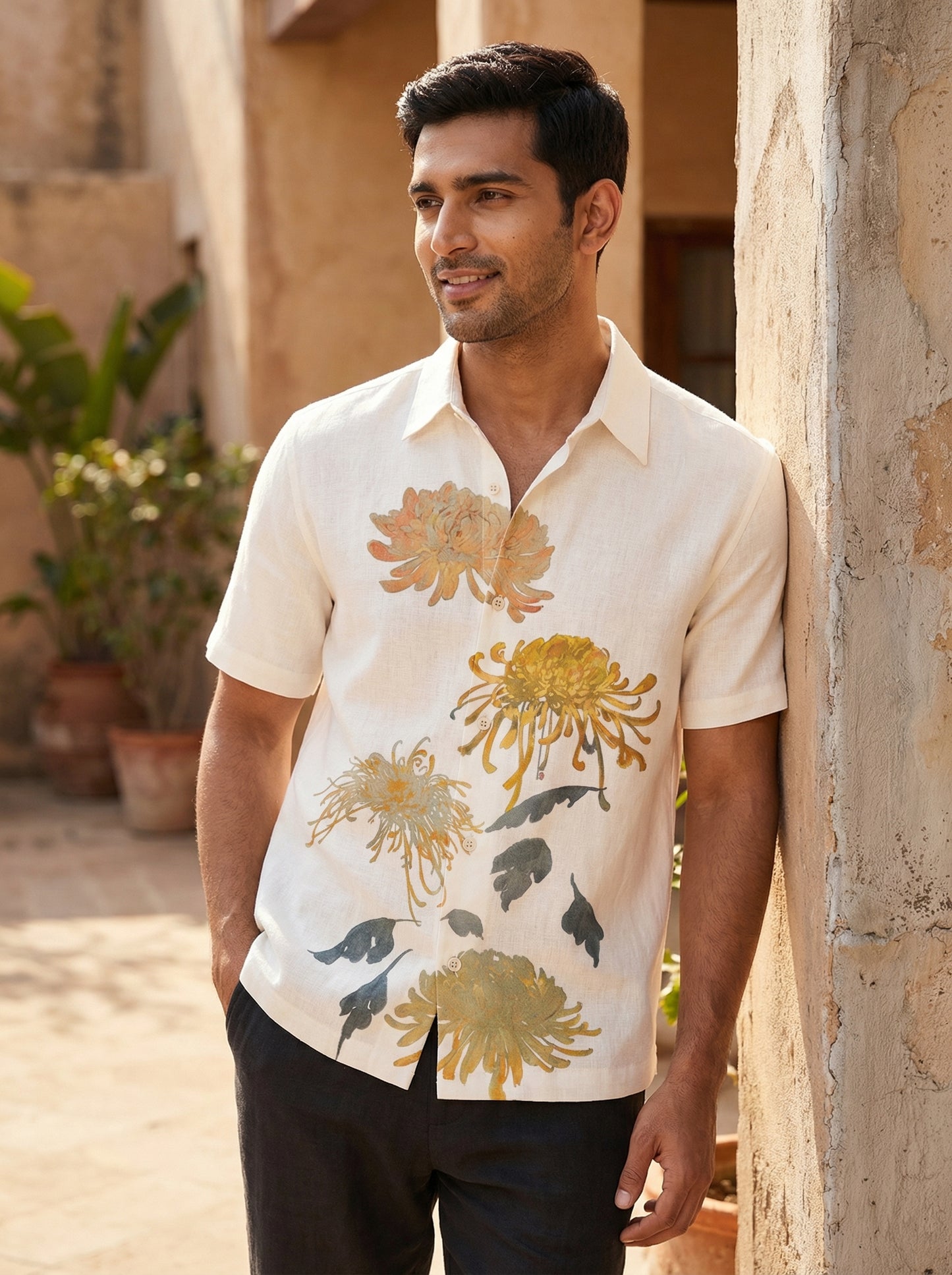 White Flower Printed Half Sleeve Shirt