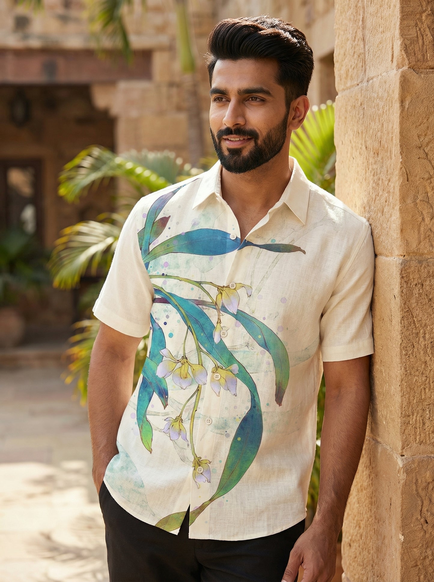 Off White Flower Printed Half Sleeve Shirt
