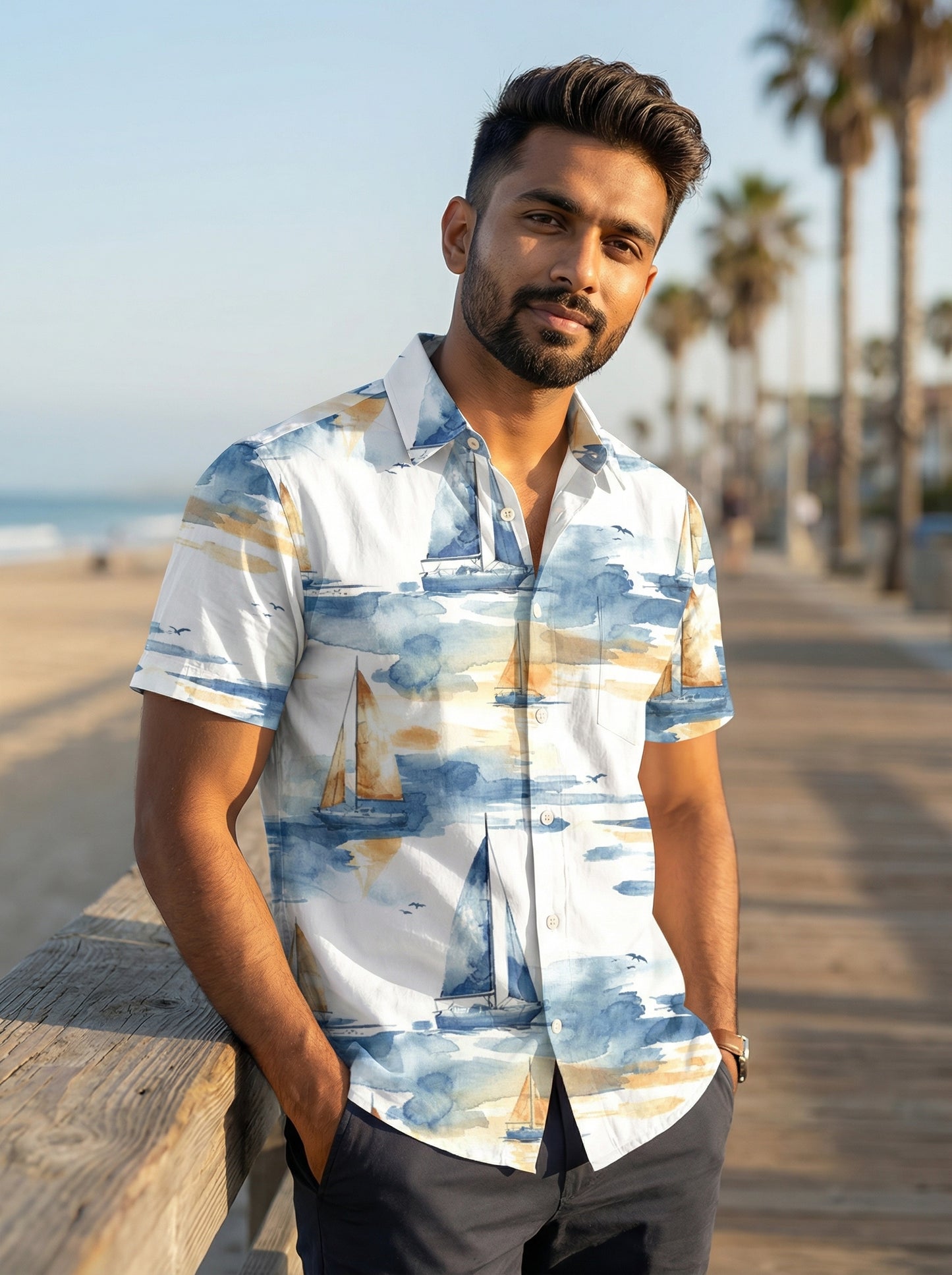 White Boat Printed Half Sleeve Shirt
