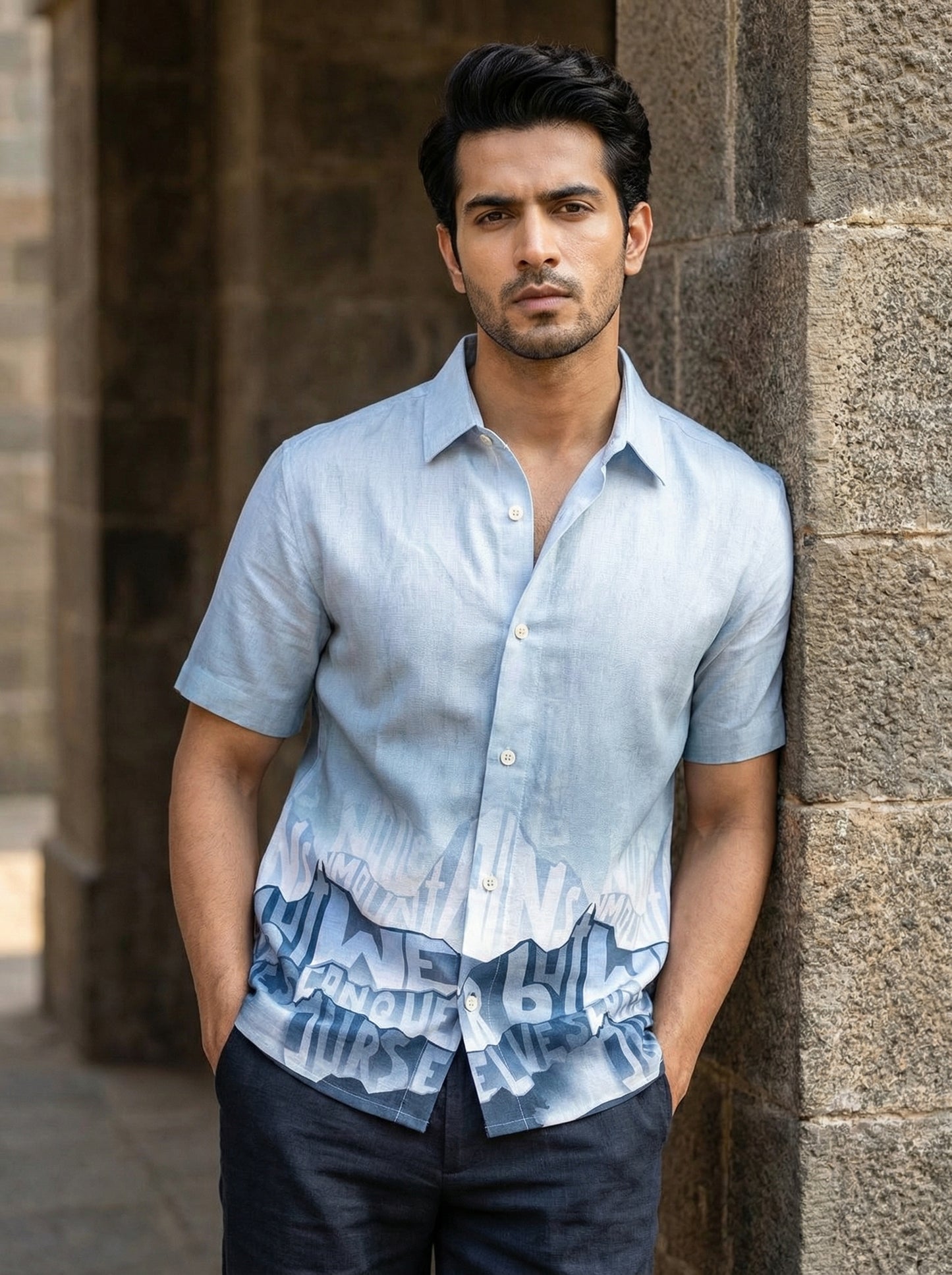 Sky Blue Printed Half Sleeve Shirt