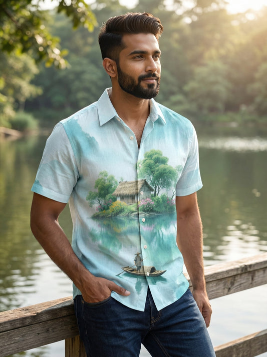 Cyan Printed Half Sleeve Shirt