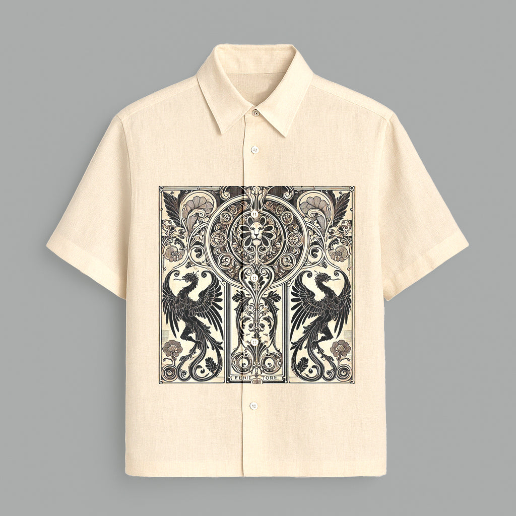 Cream And Black Printed Half Sleeve Shirt