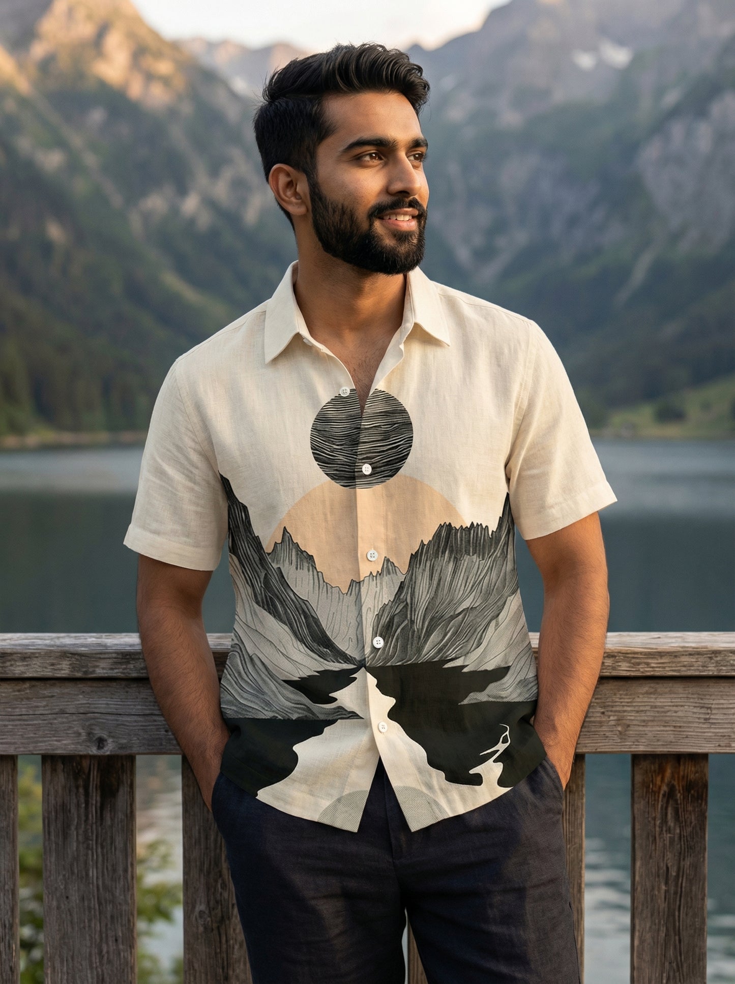Beige And Black Printed Half Sleeve Shirt