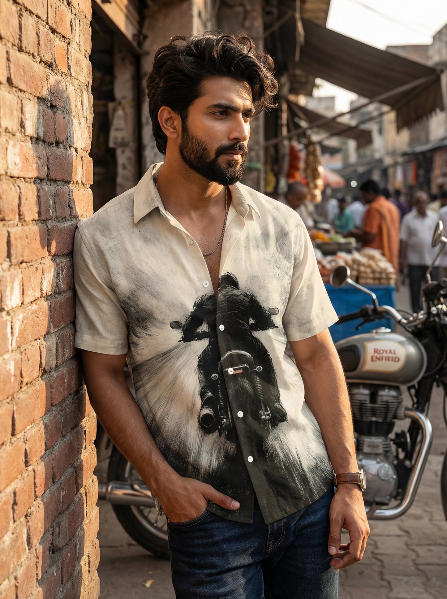 Beige And Black Printed Half Sleeve Shirt