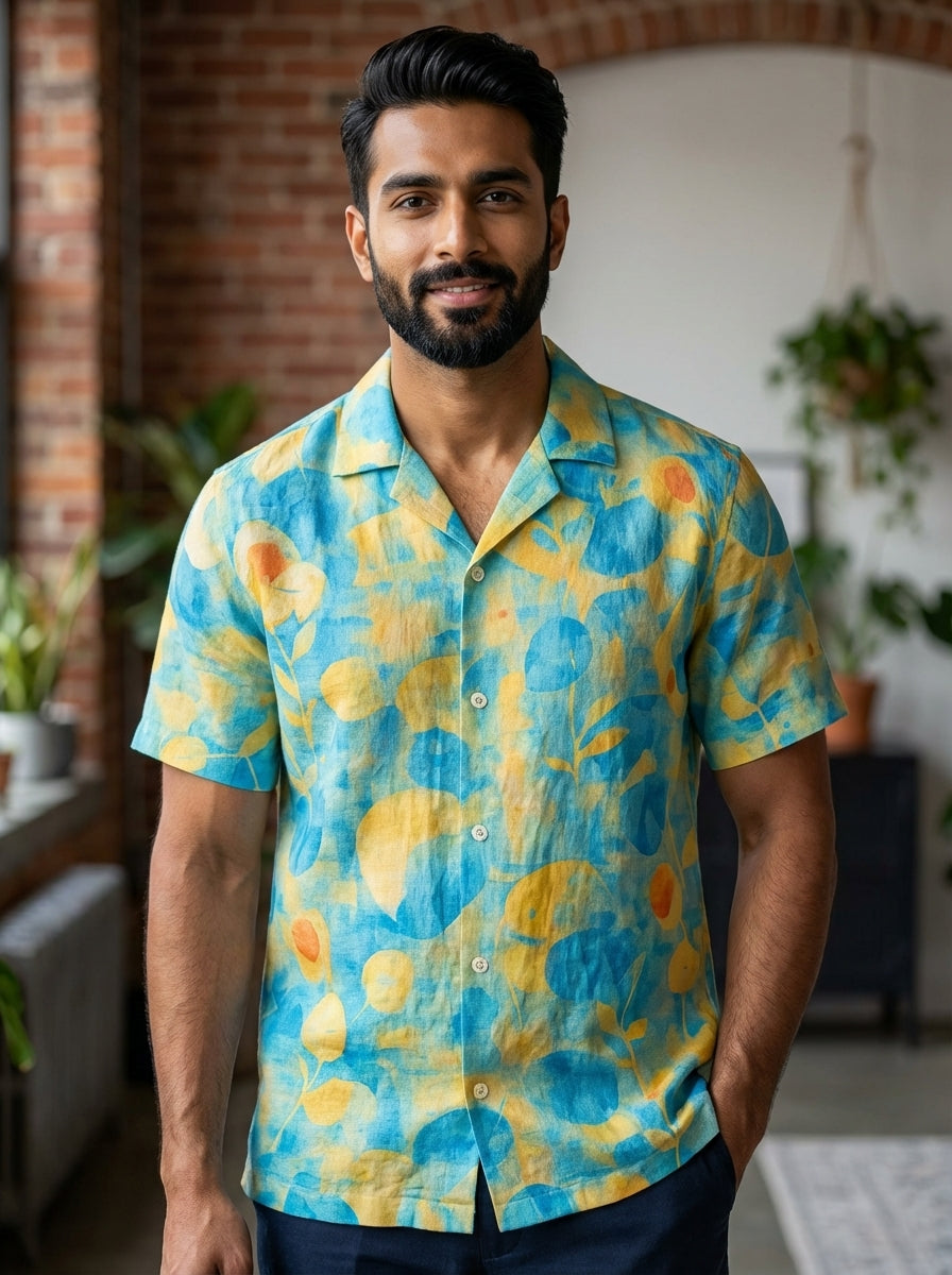 Blue Yellow Floral printed half shirt
