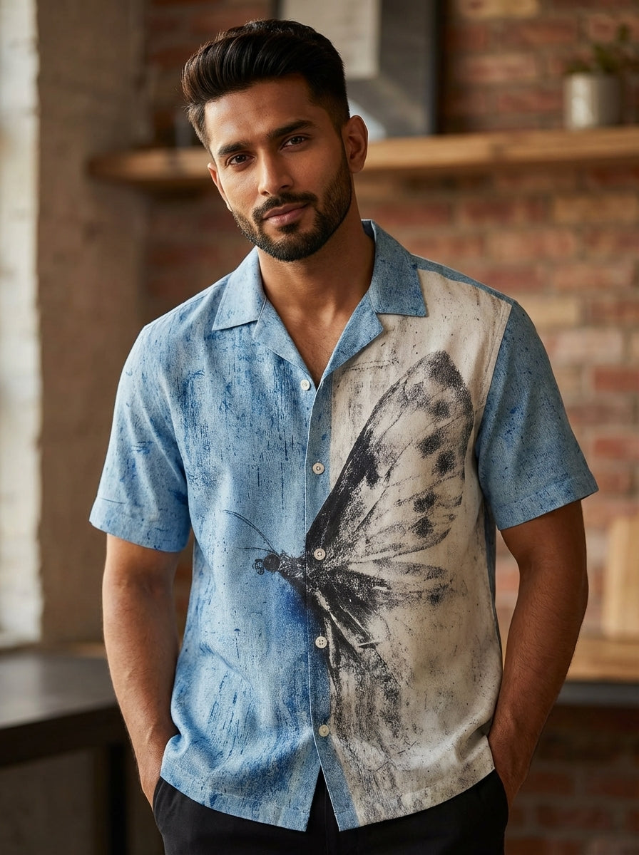 Blue white printed half shirt