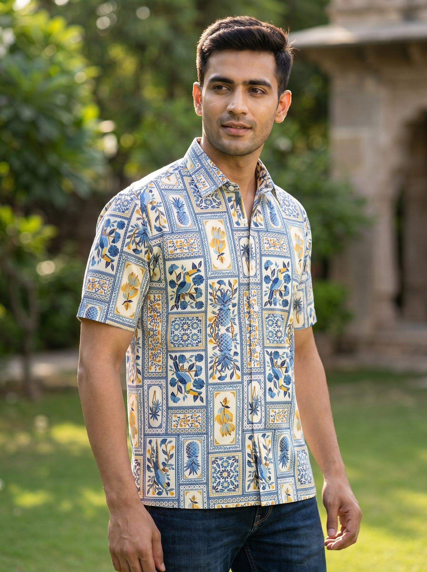 Blue floral printed half shirt