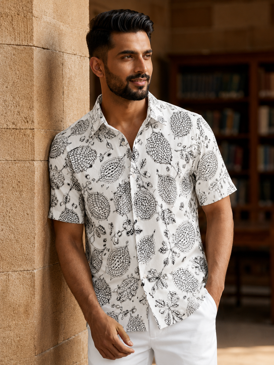 White botanical printed half shirt