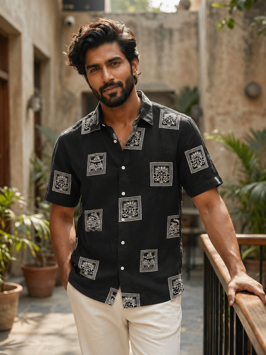Black floral printed half shirt