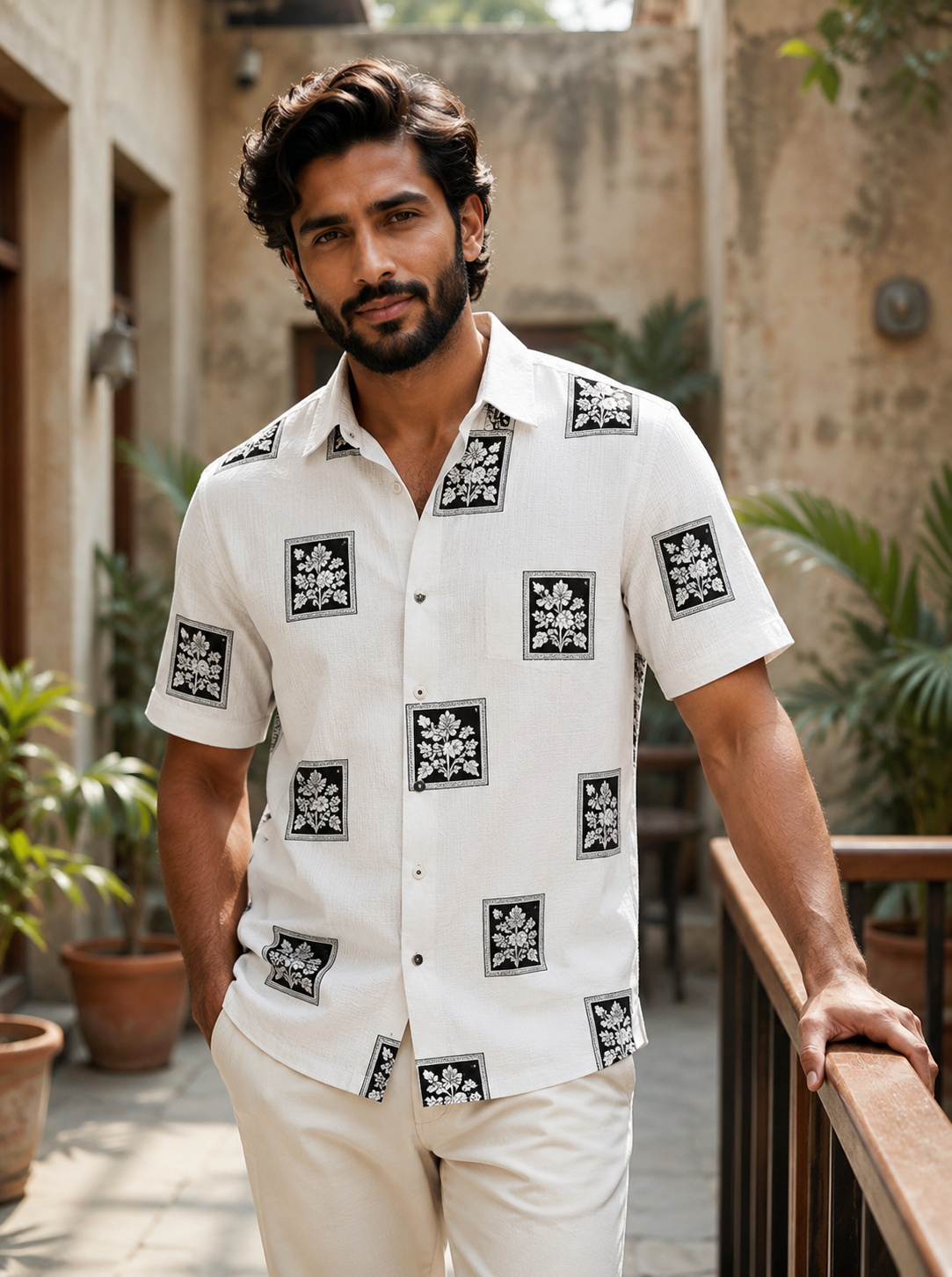 White floral block printed half shirt