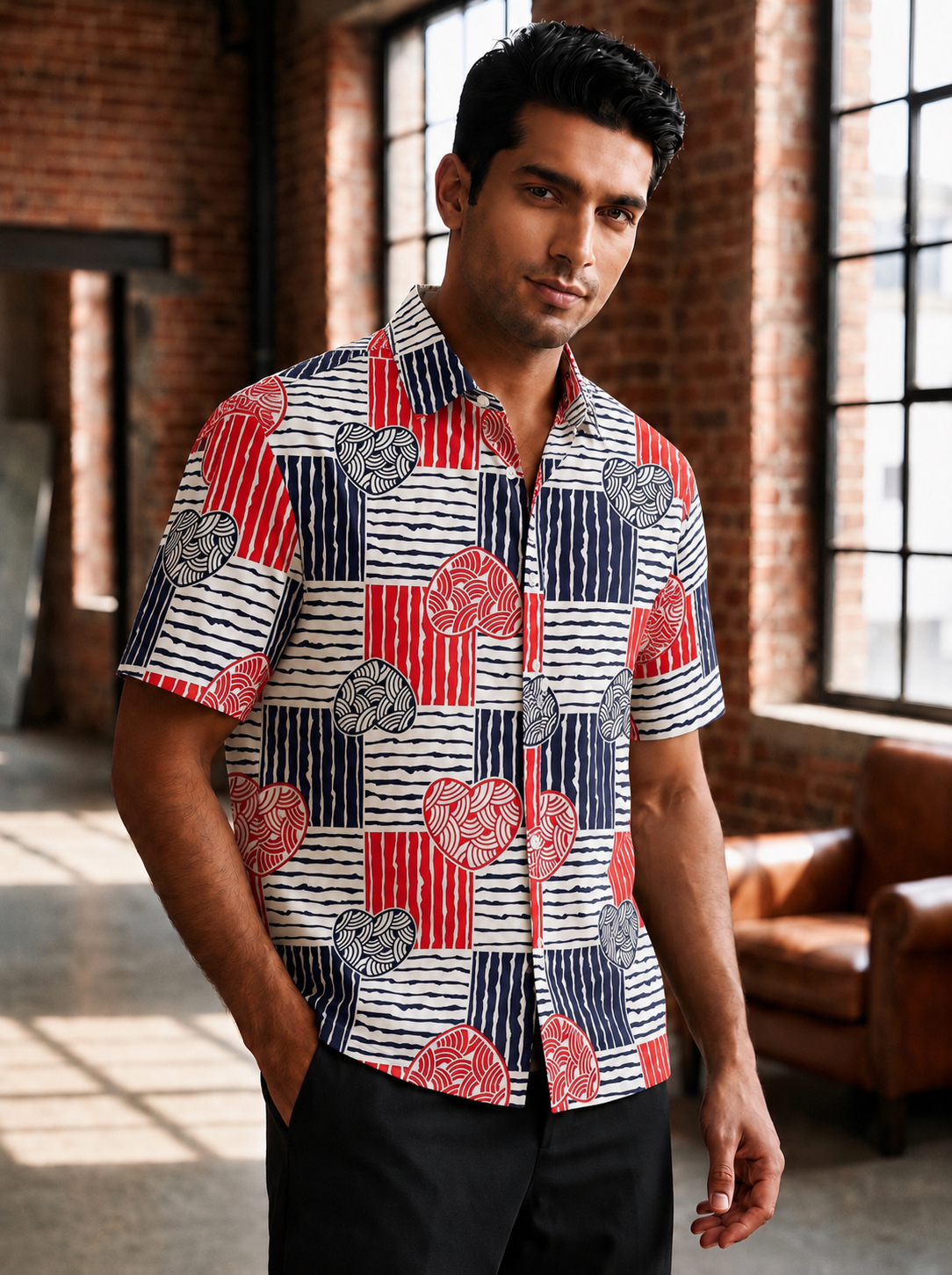 Red Navy printed half shirt