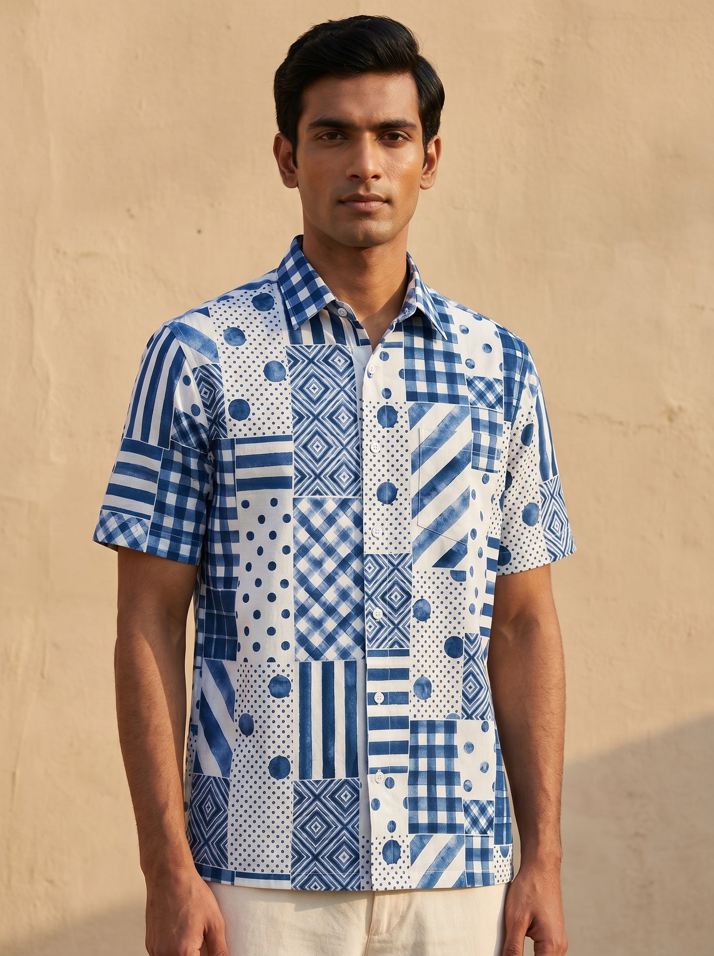 Blue checks printed half shirt