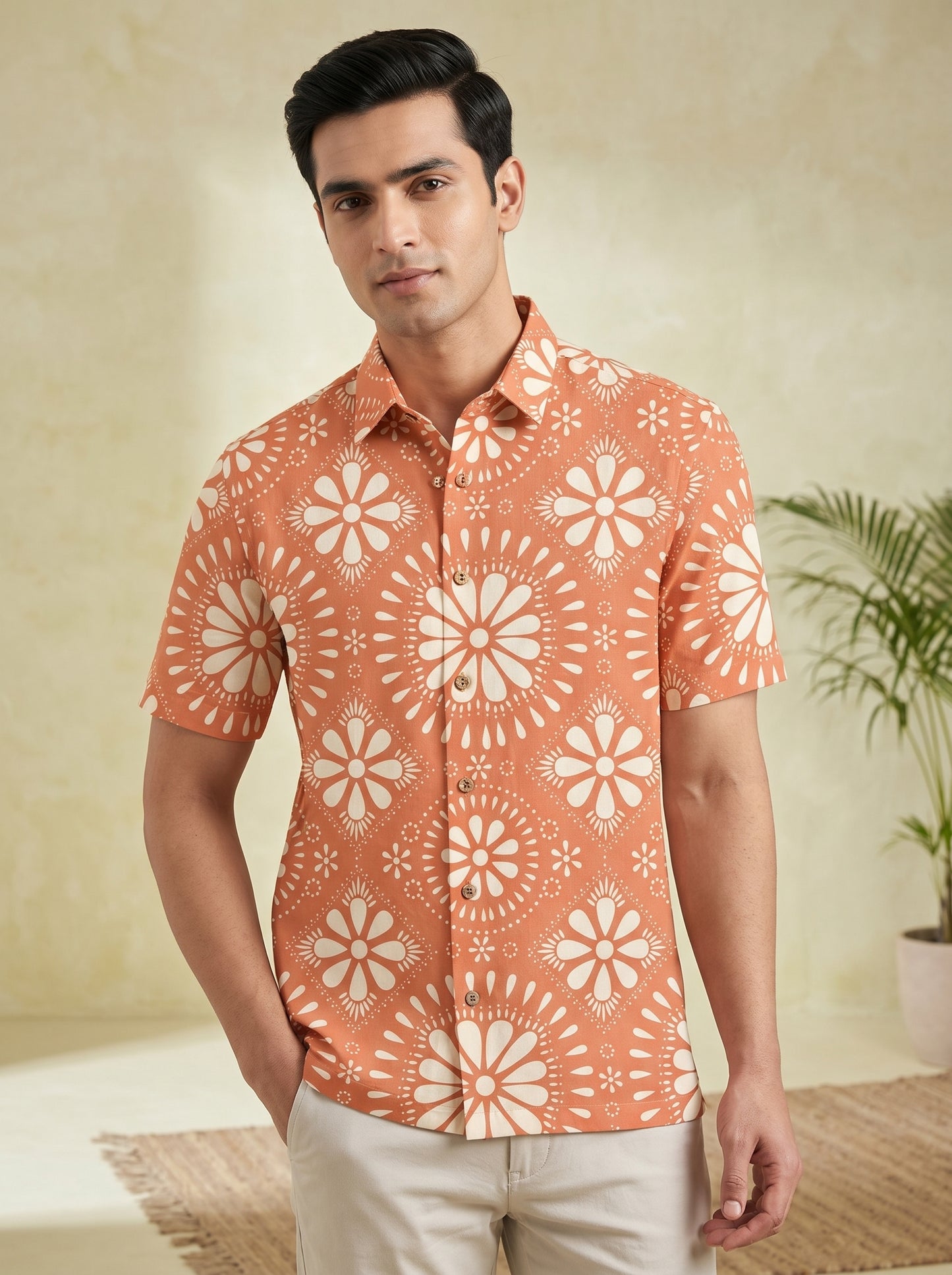 Peach floral printed half shirt