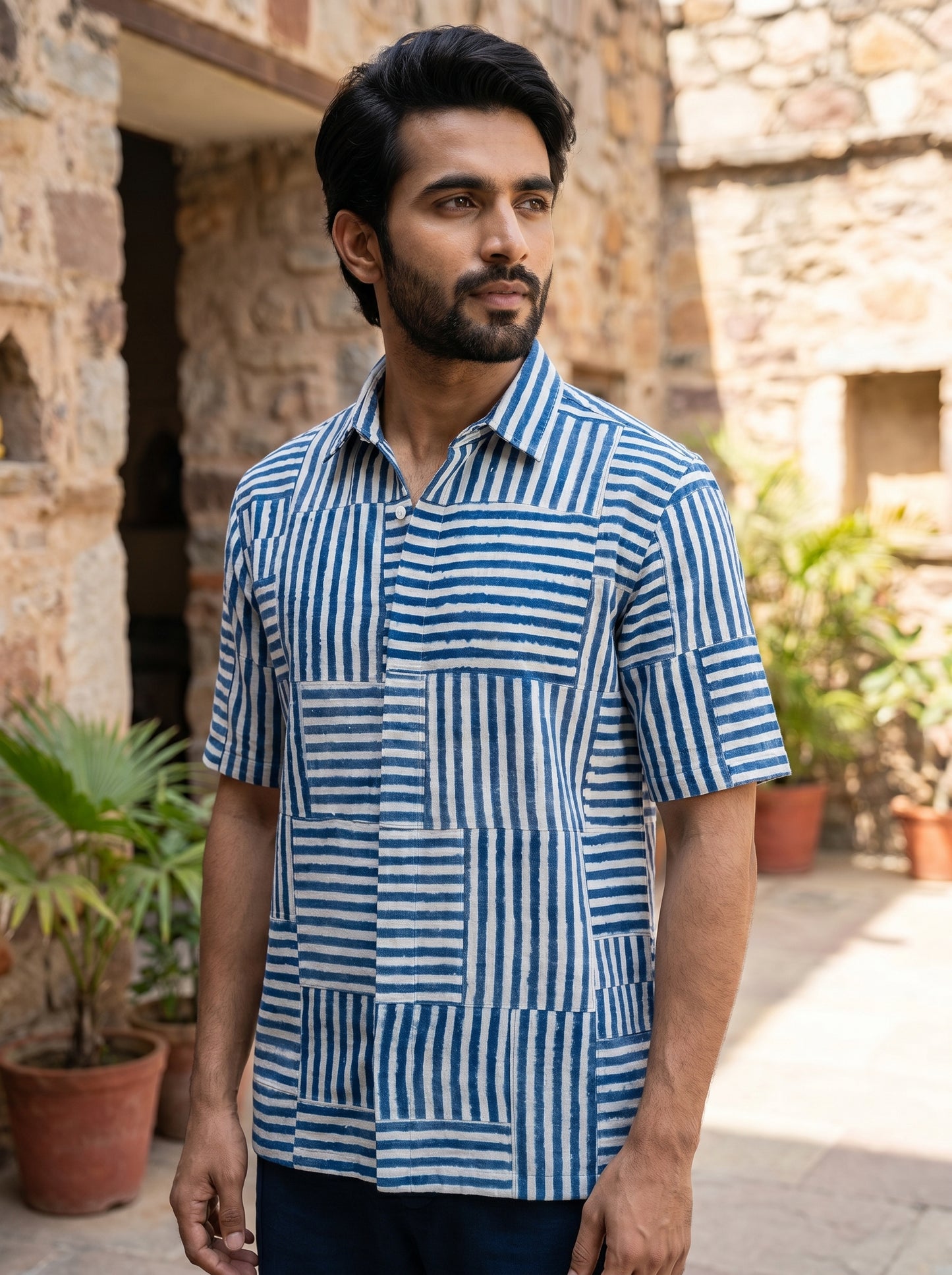 Blue hand painted printed half shirt