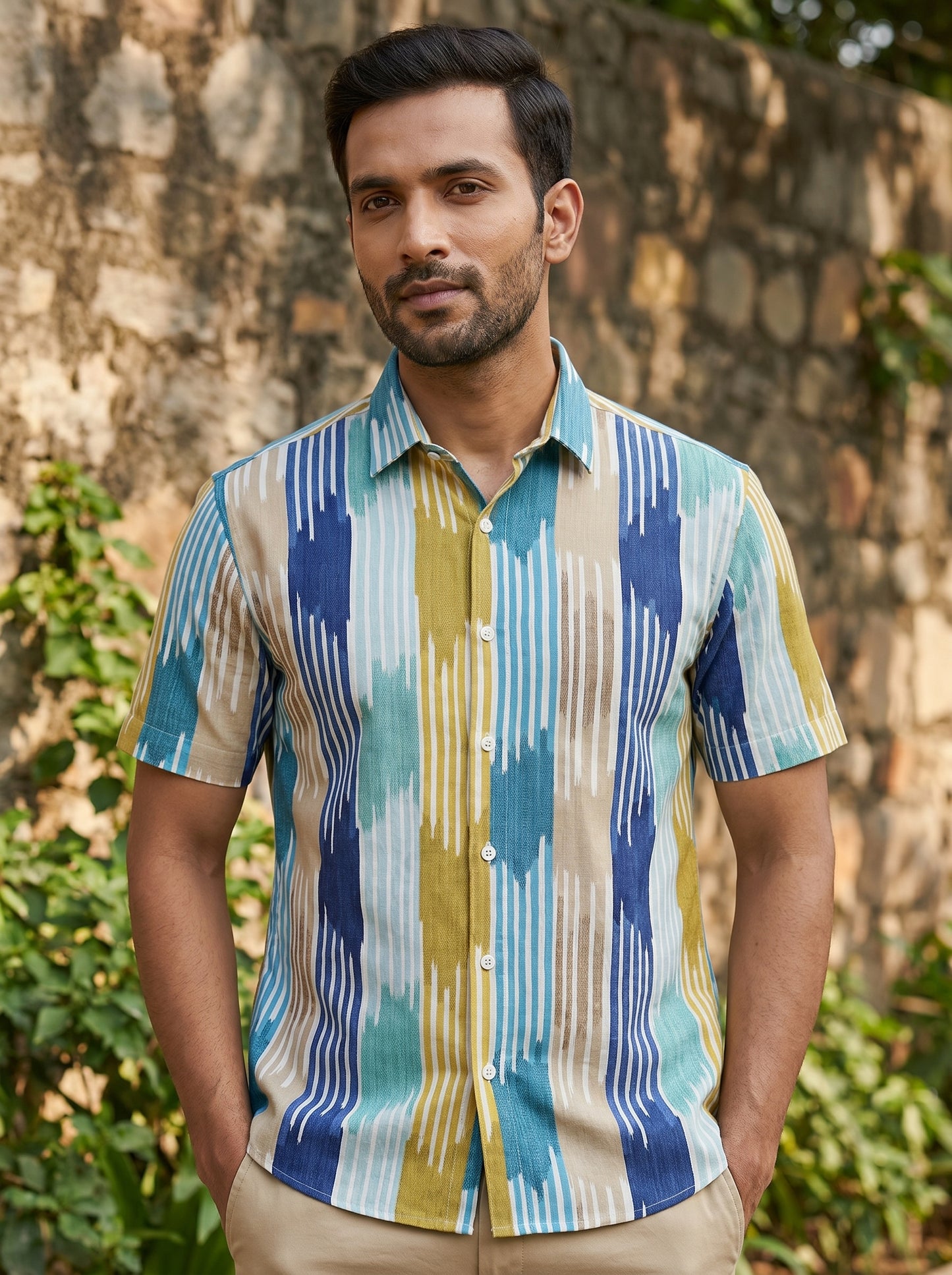 Blue olive printed half shirt
