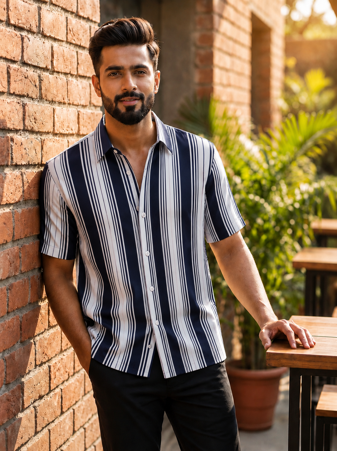 Navy Blue line printed half shirt